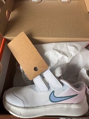 Nike Kids White and Pink Sneakers with Teal Swoosh